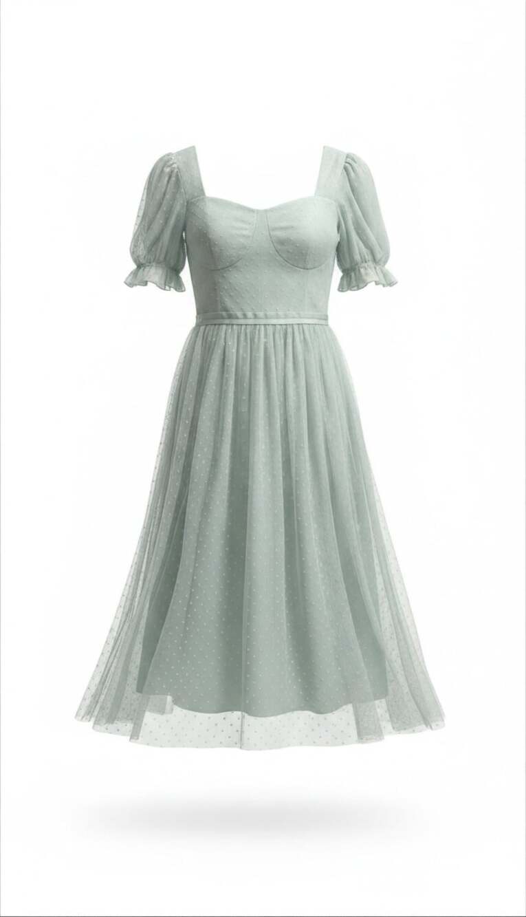 Ivy City Co Mint Sage Star Tulle Midi Dress M Puff Sleeve Square Neck Corset Bod